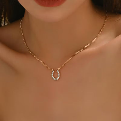 1pc Classic Simple Rhinestone Horse Shoe Pendant Chain Necklace