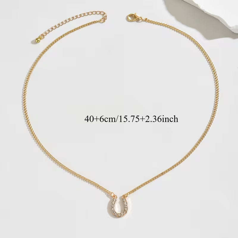 1pc Classic Simple Rhinestone Horse Shoe Pendant Chain Necklace