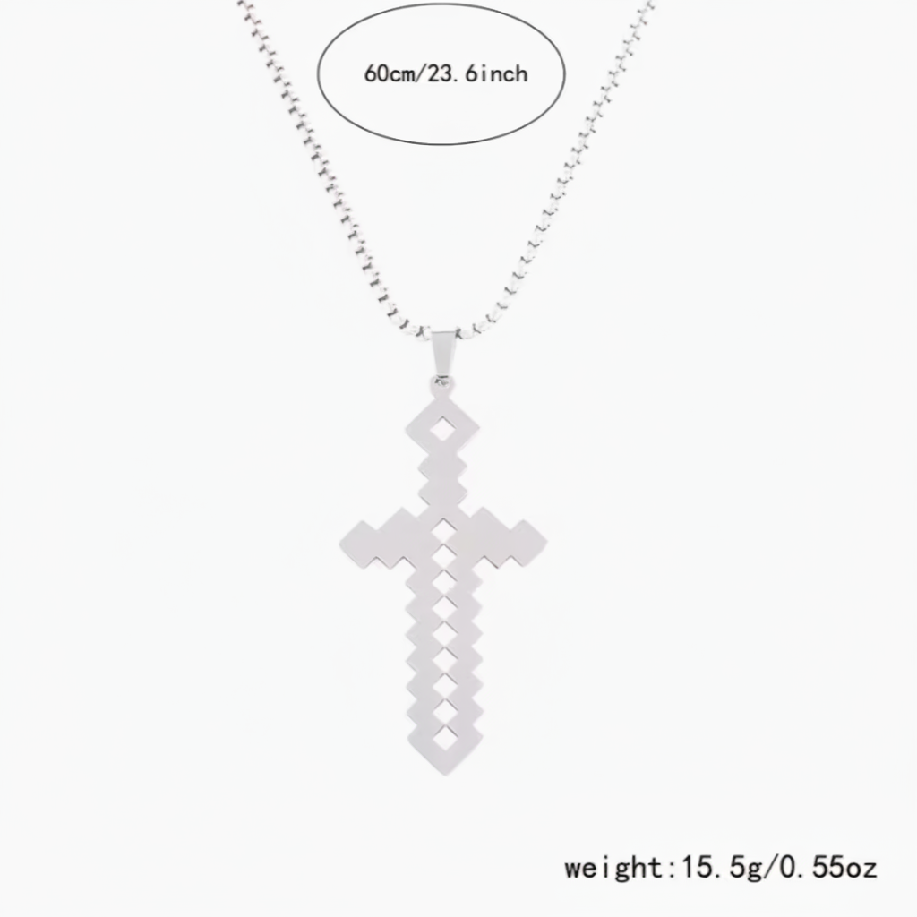 Collar cruz pixelada plateada con medidas