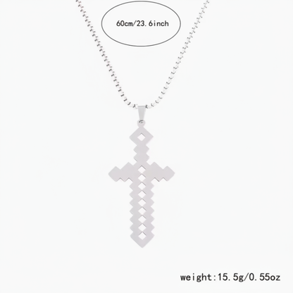 Collar cruz pixelada plateada con medidas