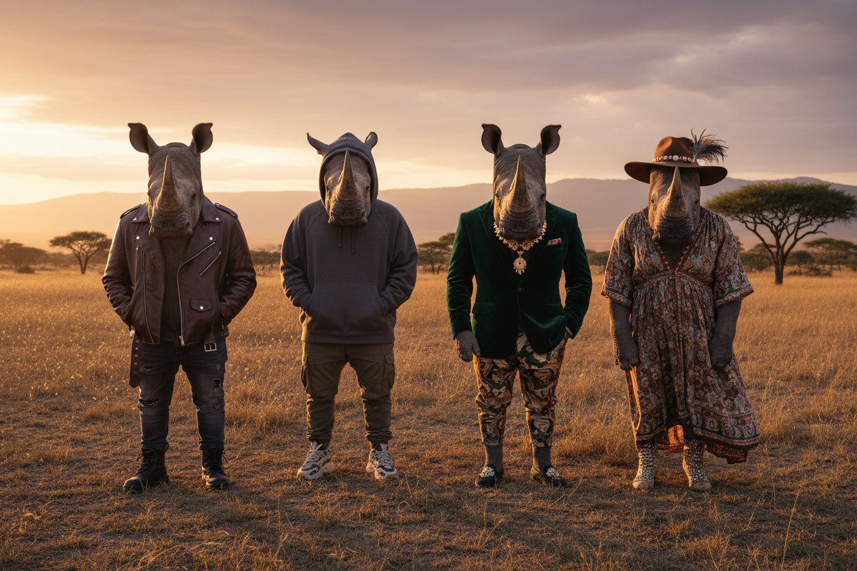 Cuatro rinocerontes modelando ropa en la sabana